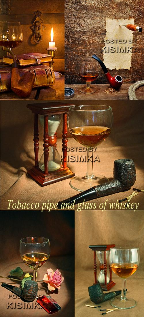 Stock Photo: Tobacco pipe and glass of whiskey