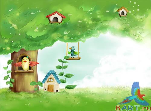PSD - Cartoon birds in forest PSD - Cartoon birds in forest