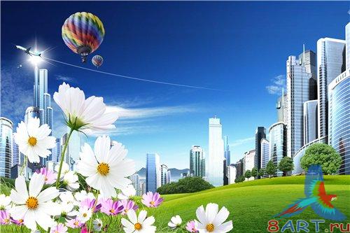 PSD - White flowers and Ballons in the city