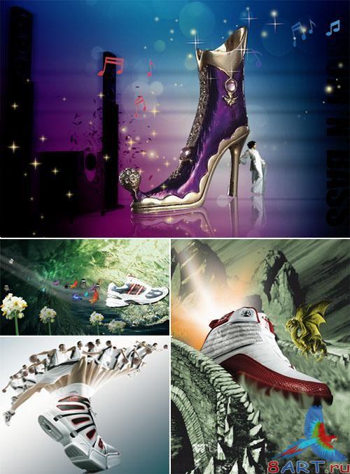 Set of advertising source codes with footwear PSD