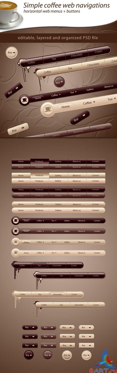 Simple Coffee Web Navigations and Buttons PSD Template