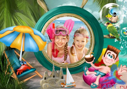 PSD frame - Beach, sea, palm trees