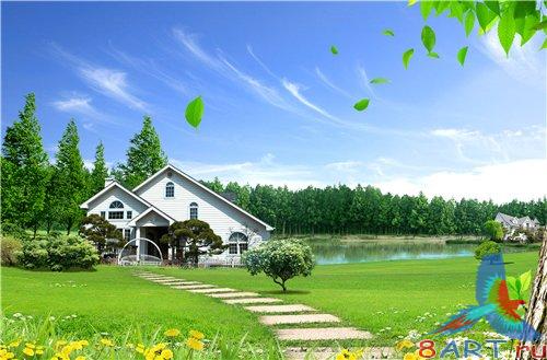 PSD - Village near the beautiful lake PSD - Village near the beautiful lake