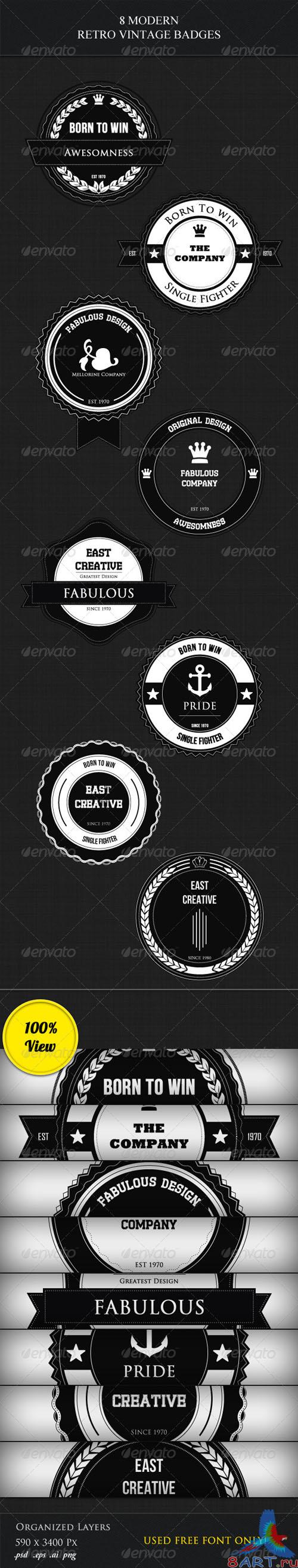 GraphicRiver - 8 Modern Retro Vintage Badges 2432164