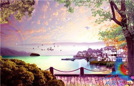 Town near the lake at sunset