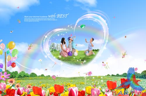 Heart-shaped flowers PSD family material well-being