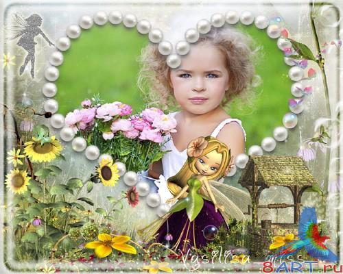 Красочная фоторамочка в интересах девочки в ярком фоне между множества цветов Красочная фоторамочка на девочки для ярком фоне между множества цветов