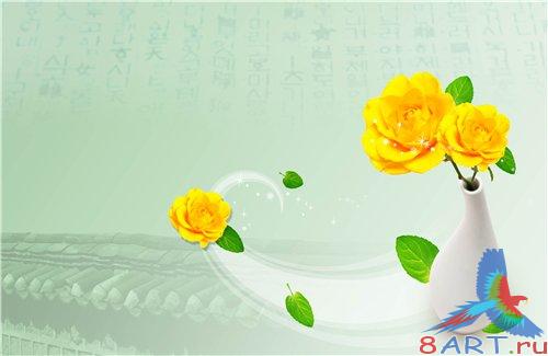 PSD - Yellow Roses on green background