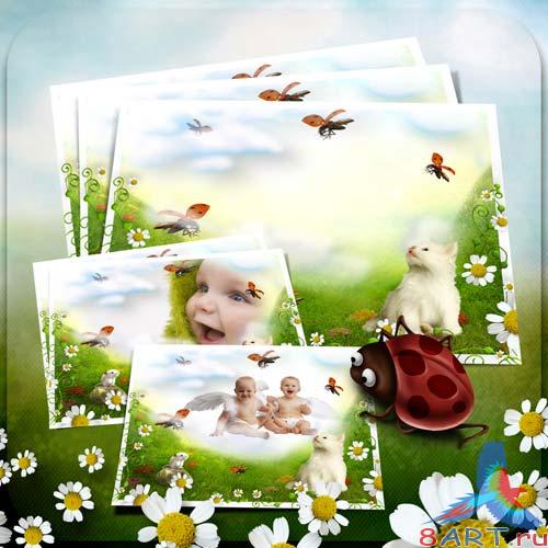 Рамка детская на фотошопа - Котик равным образом божьи коровки Рамка детская к фотошопа - Котик равно божьи коровки