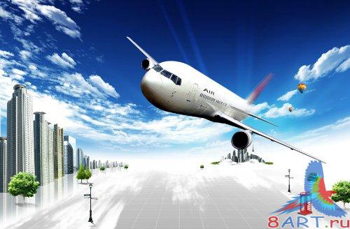 PSD - White Airplane over the modern city PSD - White Airplane over the modern city
