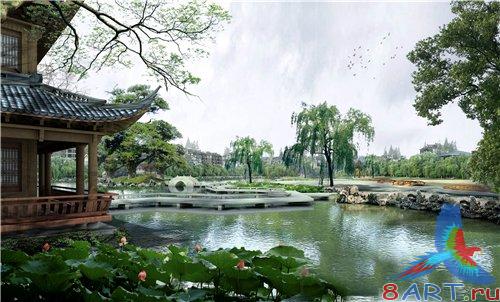 PSD - Chinese-style cottages near the lake
